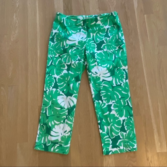 MICHAEL Michael Kors Sz 8  Green/White Flat Front Pants w Banana Leaf Print - Picture 8 of 10